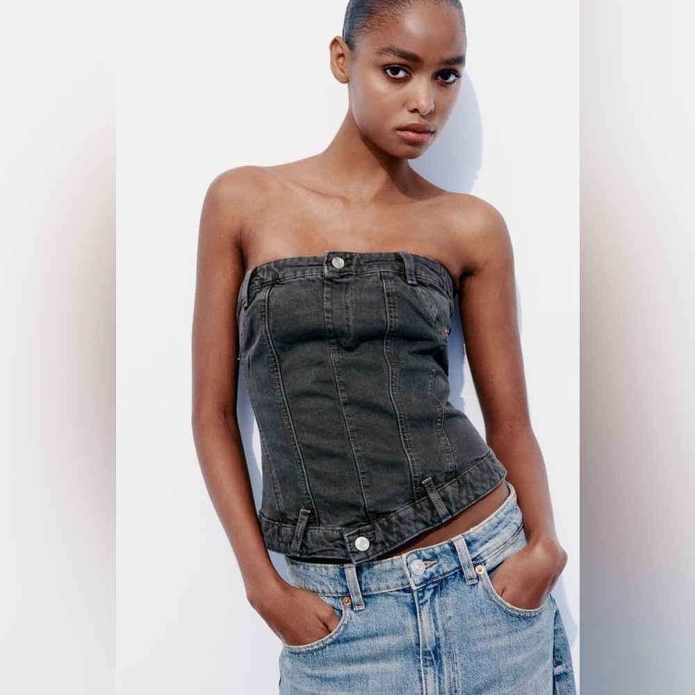 Zara Black Denim Strapless Corset Top with Silver Buttons Size Medium NWT